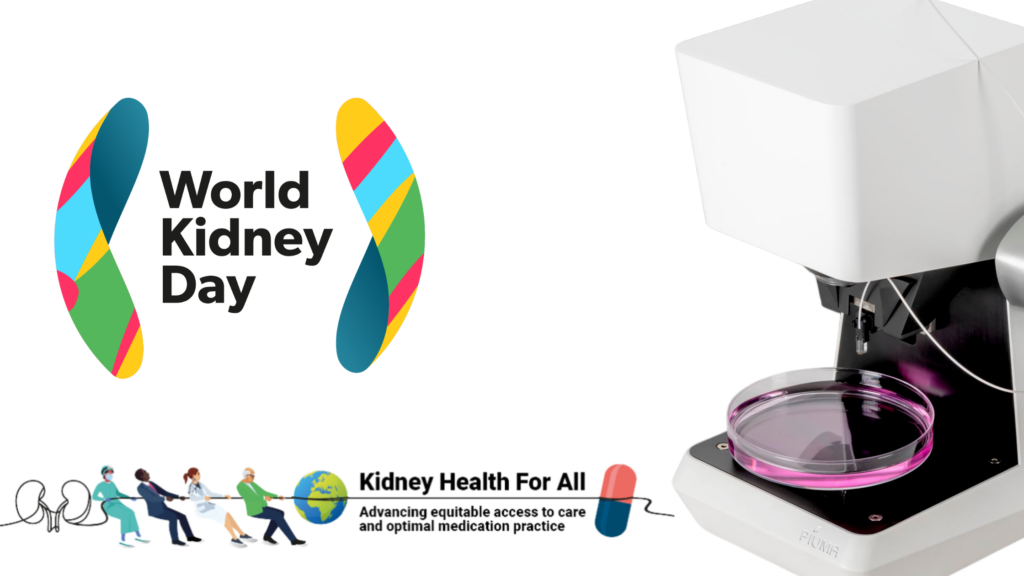 An image featuring World Kidney Day graphics with colorful kidney-shaped designs on the left, and the slogan 'Kidney Health For All' below. On the right, there's a close-up of a Piuma nanoindenter device poised above a petri dish, ready to measure tissue stiffness and cell organization.