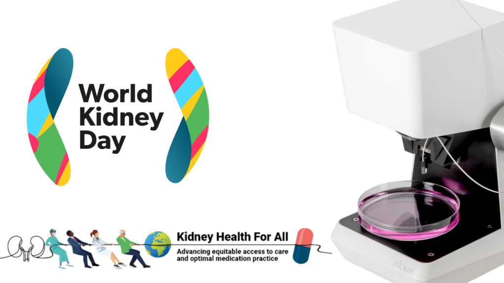 An image featuring World Kidney Day graphics with colorful kidney-shaped designs on the left, and the slogan 'Kidney Health For All' below. On the right, there's a close-up of a Piuma nanoindenter device poised above a petri dish, ready to measure tissue stiffness and cell organization.